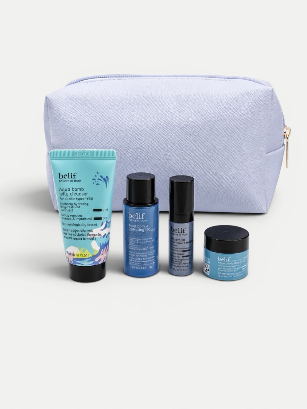 Belif Aqua Bomb Skincare Travel Set + Cosmetic Bag Bundle (NEW)